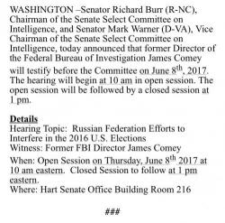 It's Official: Comey To Testify Next Thursday, June 8
