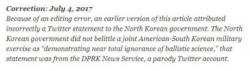 NYTimes Mistakenly Cites Tweet From North Korea Parody Account NYTimes Mistakenly Cites Tweet From North Korea Parody Account