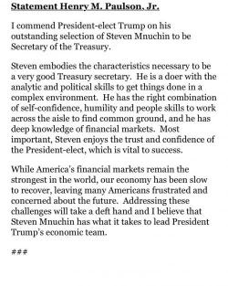 Wall Street Reacts To Steve Mnuchin Choice For Treasury Secretary