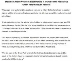 Trump Slams Green Party Recount "Scam", Accuses Stein Of "Filling Her Coffers With Money" Trump Slams Green Party Recount "Scam", Accuses Stein Of "Filling Her Coffers With Money"