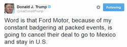 Trump Takes Victory Lap After Ford Cancels $1.6 Billion Mexican Expansion Plan As "Vote Of Confidence" In President-Elect